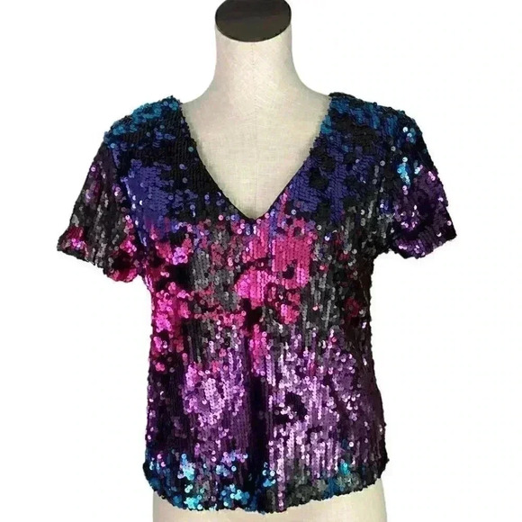 Venus Womens 4 Sequin V Neck Cropped Top Multicolor Short Sleeve Lined - Picture 1 of 8